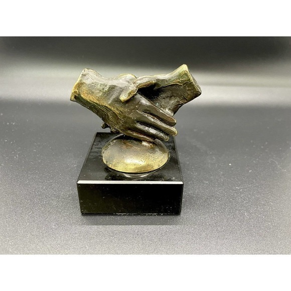 Vintage Bronze And Marble Abstract Art Shaking Hands Paperweight - Picture 1 of 4